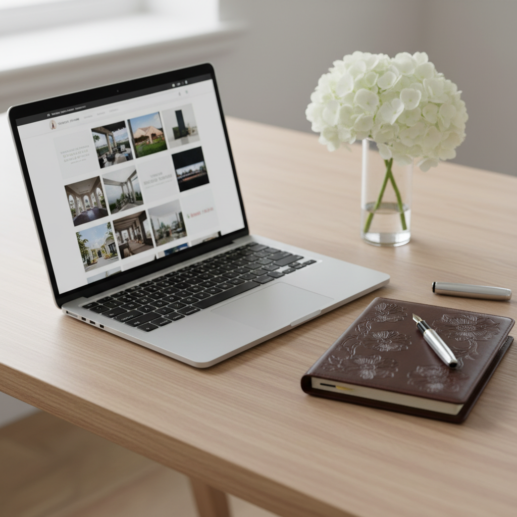 A meticulously styled desktop scene featuring a sleek silver laptop open to a refined wedding venue directory homepage, showing tidy thumbnail grids of luxurious locations, all slightly blurred to avoid readable text. The laptop sits on a light oak desk beside a closed, embossed leather planner, a fountain pen, and a minimalist glass vase holding white hydrangeas. Soft, diffused daylight from a nearby window washes over the setup, creating a calm, polished glow with delicate reflections on the laptop’s metal body. Captured at a slightly elevated three-quarter angle with a shallow depth of field, the focus remains on the idea of an organized, high-end digital directory. The mood is sophisticated, modern, and efficient, aligned with a premium wedding planning resource in photographic realism.