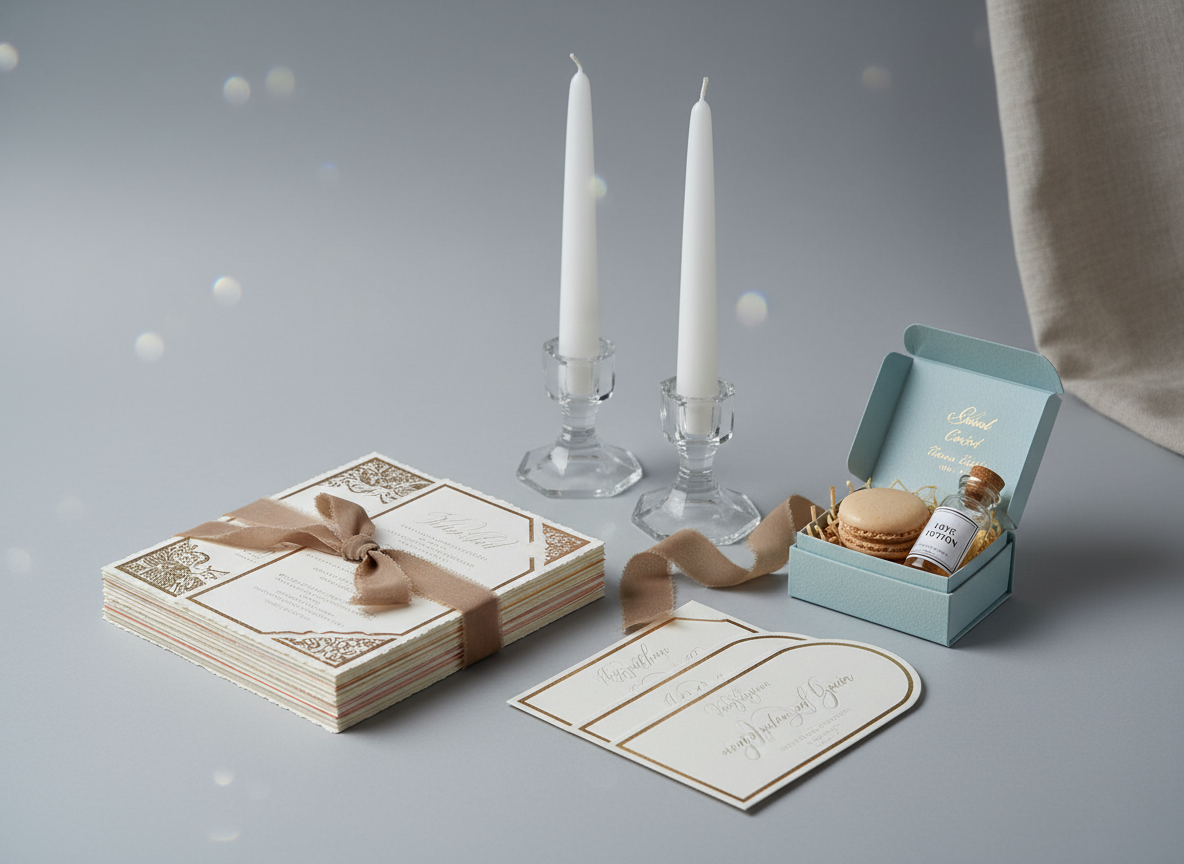 A refined still life of curated wedding supplier details arranged on a smooth dove-grey backdrop: a stack of textured invitation samples with letterpress and foil accents, silk-ribbon-tied sample menus, a small open box revealing artisan wedding favors, and a pair of crystal candleholders with unlit taper candles. Subtle, cool-toned studio lighting from both sides produces soft, balanced illumination with delicate shadows enhancing the paper textures and glints in the crystal. Captured from a slightly elevated angle with a shallow depth of field, the foreground stationery is in crisp focus while the background elements gently blur into a sophisticated bokeh. The photographic realism, restrained color palette, and meticulous composition evoke exclusivity, quality craftsmanship, and the careful curation expected from a premium wedding supplier directory.