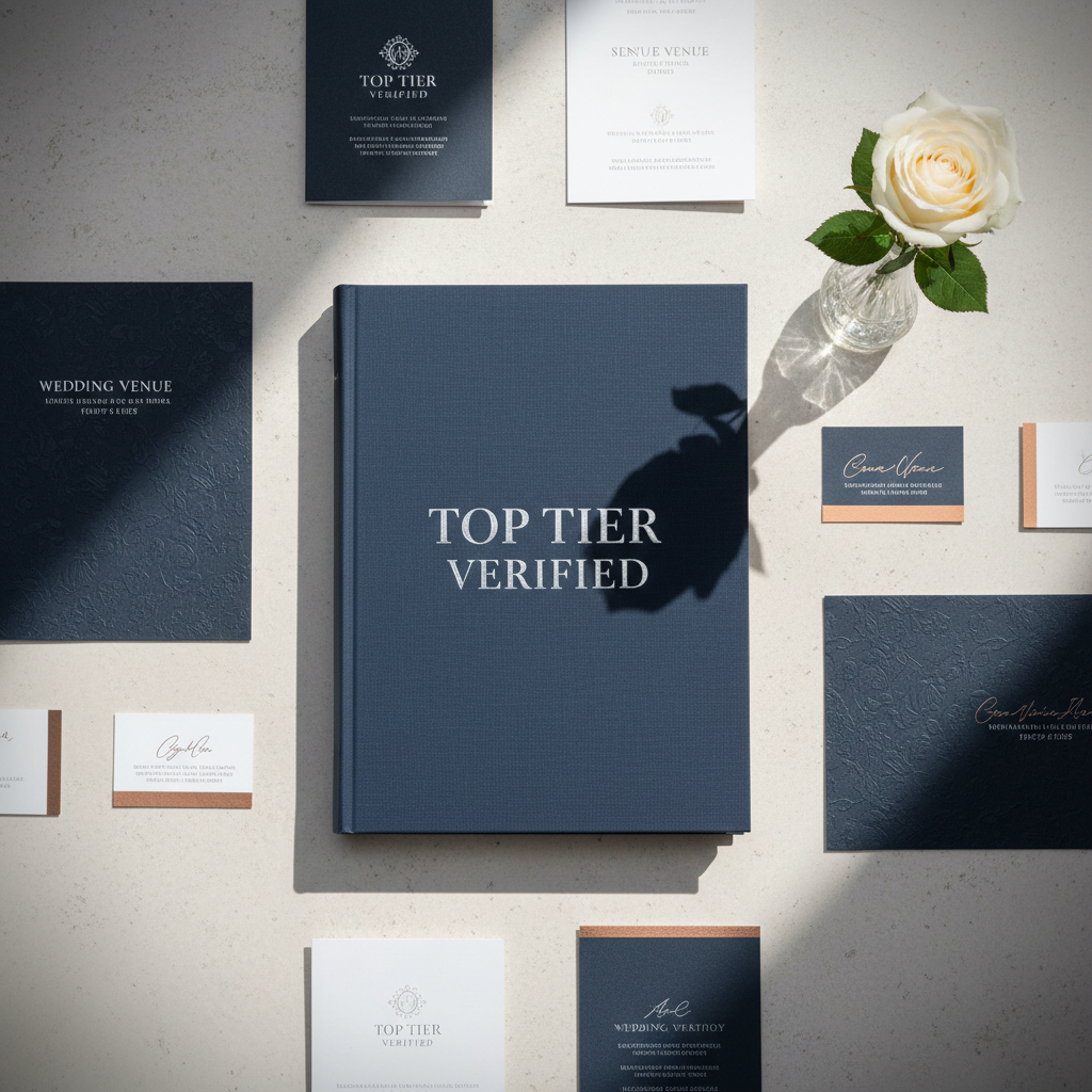 An elegant flat-lay of a thick, navy-blue linen wedding directory book embossed with the silver title “Top Tier Verified” in refined serif lettering, resting on a pale stone tabletop. Around it are neatly arranged venue brochures with luxurious paper textures, metallic-edged business cards, and a single ivory rose in a slim crystal vase. Soft natural daylight from the left creates gentle highlights on the metallic details and subtle shadows along the book’s spine. Shot from a perfectly overhead, bird’s-eye perspective with sharp focus and a slight vignette, the composition feels curated and balanced. The photographic realism and muted, sophisticated color palette convey trust, quality, and a premium, editorial directory experience for discerning wedding planning.