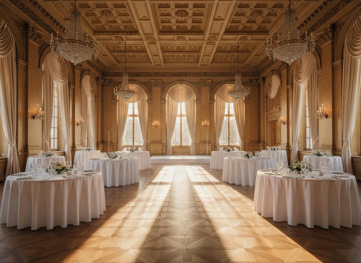 A luminous interior of a grand wedding venue ballroom, focusing solely on the architectural details: high coffered ceilings, ornate crown moldings, and tall arched windows draped with flowing ivory curtains. Round tables are impeccably set with crisp white linens, crystal stemware, and polished silver place settings, but no chairs are visible to avoid any hint of guests. Golden hour sunlight streams through the windows, illuminating floating dust motes and casting warm, elongated shadows across the parquet floors. Shot from an eye-level perspective with a wide-angle lens, the composition highlights symmetry and opulence in photographic realism. The atmosphere is romantic, serene, and aspirational, embodying the type of top-tier venue a curated wedding directory would proudly feature.